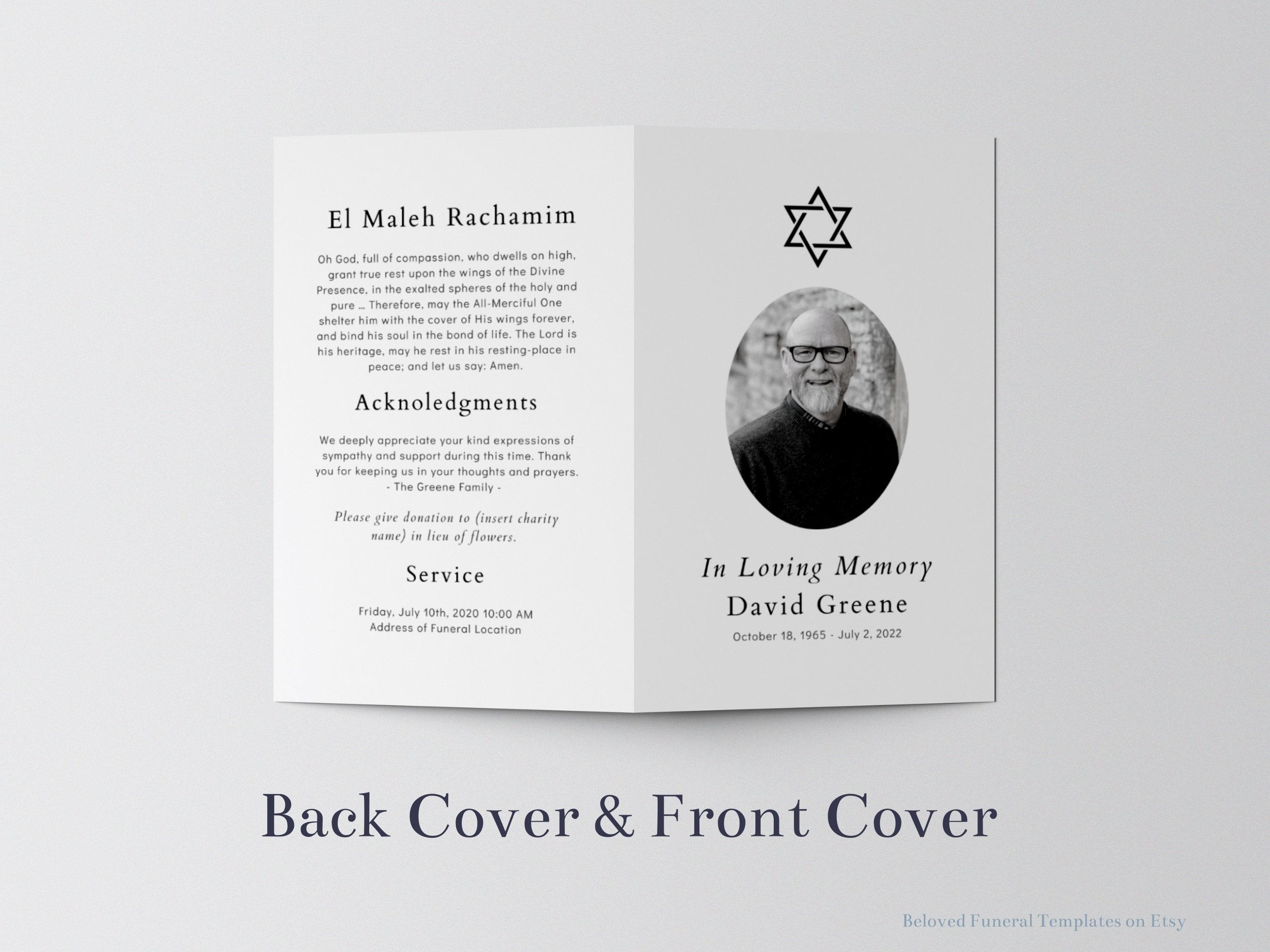 Minimalist Jewish Funeral Program Template, Obituary Template, Funeral