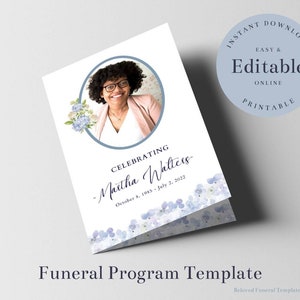 Blue Floral Funeral Program Template, Obituary Template, Funeral Program Template for Woman, Funeral Template Program