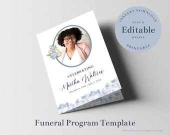 Blue Floral Funeral Program Template, Obituary Template, Funeral Program Template for Woman, Funeral Template Program