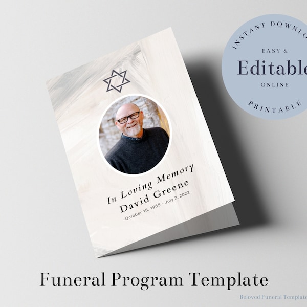 Jewish Funeral Program Template with Star, Obituary Template, Printable Order of Service, Funeral Program Template for Man, Service Folder