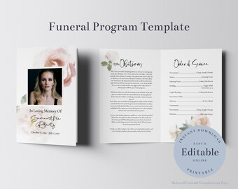 Editable Funeral Program Template for Woman, Obituary Template, In Loving Memory, Pink Funeral Memorial, Blush Rose
