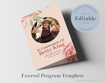 Funeral Program Template, Obituary Template, Printable Order of Service, Funeral Program Template for Woman, Blush Rose Funeral Program