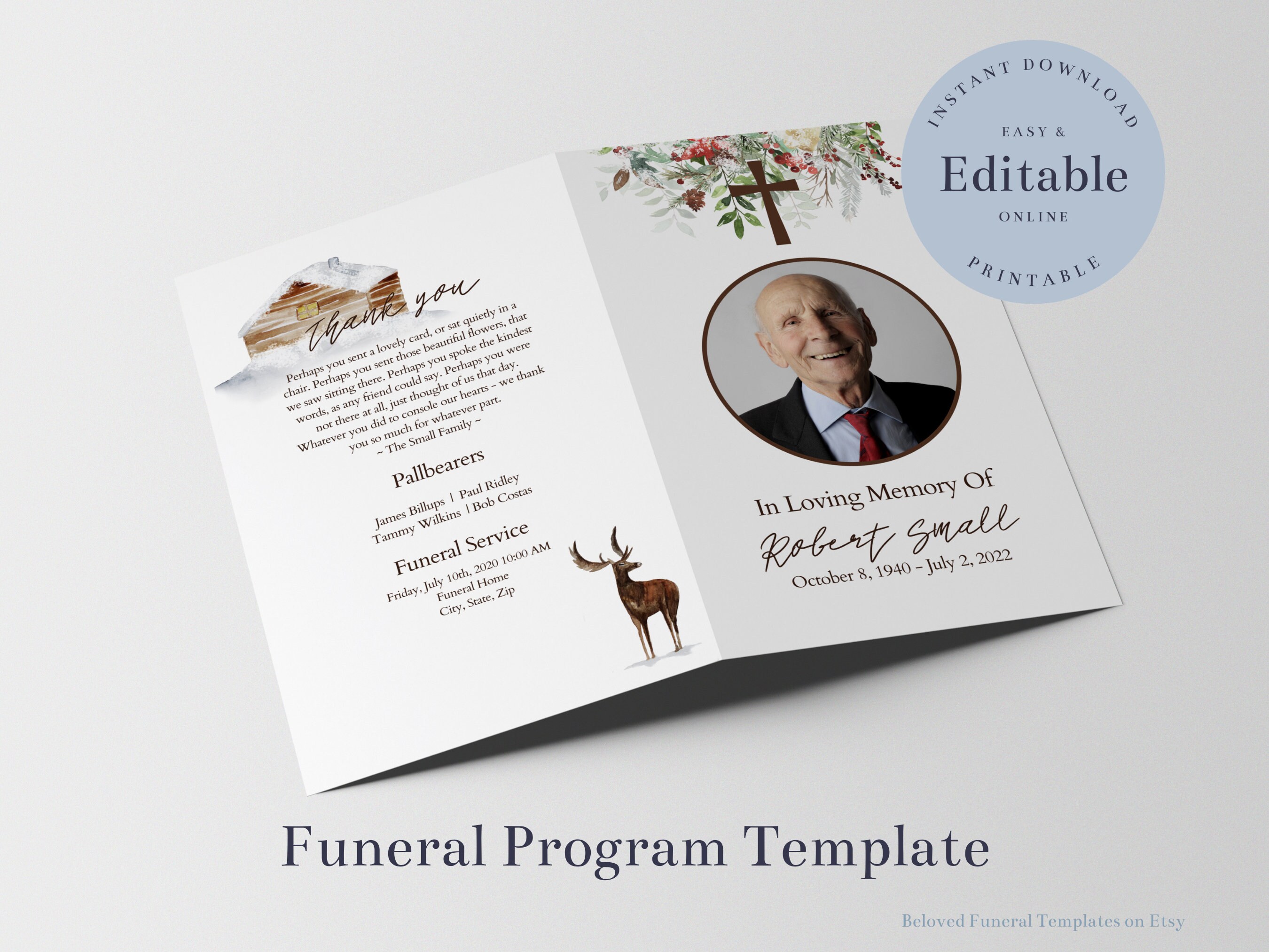Christian Christmas Funeral Program Template with Cross, Obituary Template,  Editable Order of Service, In Loving Memory, Holiday Funeral