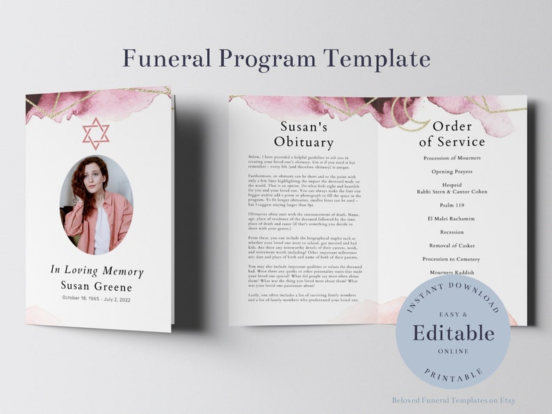 Jewish Funeral Program Template With Star, Obituary Template, Printable