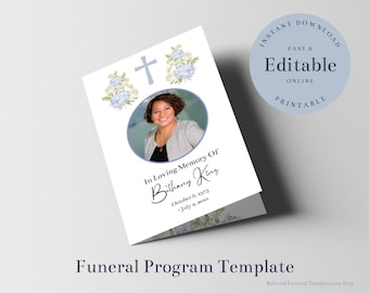 Christian Funeral Program Template with Cross, Obituary Template, Printable Order of Service, In Loving Memory, Blue Floral Funeral