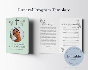 Christian Funeral Program Template with Cross, Obituary Template, Printable Order of Service, In Loving Memory, Seafoam Green Program