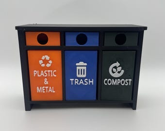 1:12 Scale Triple Trash & Recycling Bin – Miniature Dollhouse Waste Station