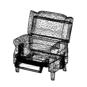 May include: A black wireframe 3D model of an armchair featuring a high backrest, wide armrests, and a seat cushion. The structure is composed of a dense network of intersecting lines, creating a transparent, geometric representation of a chair.