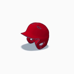 May include: A red baseball helmet with a peak and ear protectors. The helmet is designed to protect the head during baseball activities. The helmet is shown on a white background.