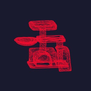 May include: A bright red wireframe illustration of a multi-level cat tree. The structure features a top platform, a middle perch, a circular bowl-shaped bed, and a lower enclosed cubby house, all rendered with a complex, intersecting line pattern.