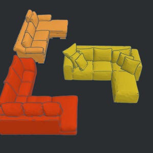 Könnte beinhalten: Drei modulare Sofas in verschiedenen Farben: Orange, Gelb und Rot. Jedes Sofa hat eine Chaiselongue und mehrere Kissen.