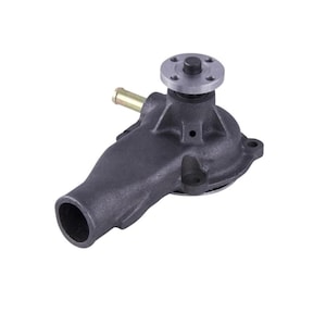 May include: A dark grey water pump with a silver top and a brass tube. The pump has a cylindrical inlet and a circular flange with bolt holes. The pump is designed for automotive use.