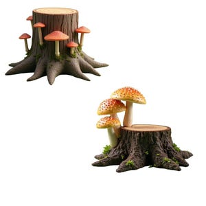 Op de afbeelding: Twee decoratieve boomstronkfiguren met oranje en wit gestippelde paddenstoelen. Eén stronk heeft meerdere paddenstoelen die eruit groeien, terwijl de andere er drie bovenop heeft. De stronken zijn bruin met groen mos.