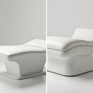 Könnte beinhalten: Zwei weiße, moderne, verstellbare Massageliegen mit abgerundeten Kanten und einer gepolsterten Oberseite. Die Liegen sind für den Einsatz in einem Spa oder Salon konzipiert.