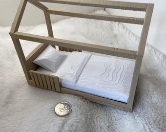 1:12 Dollhouse Toddler Bed with House Frame | Modern Miniature Kids Bed Set | Matte Pink, Black or White