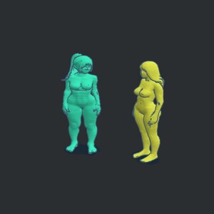 May include: Two 3D rendered figures of women standing side by side. The figure on the left is teal and the figure on the right is yellow.