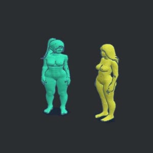 May include: Two standing human figurines, one in a bright teal colour and the other in a vibrant yellow colour. Both figures are depicted in a simplified, stylised form with smooth surfaces, standing upright against a dark, solid background.