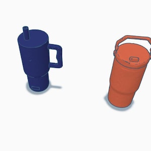 May include: Two insulated beverage containers, one blue with a handle and a lid, and one red with a handle and a lid.