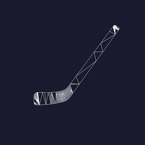 May include: A white line art illustration of a hockey stick set against a dark navy blue background. The design features a geometric pattern of interconnected triangles and straight lines that form the shape of the hockey stick blade and shaft.