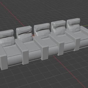 Könnte beinhalten: Eine Reihe von sechs grauen Kinostühlen mit Armlehnen und Kopfstützen. Die Sitze sind in einer Reihe angeordnet und bestehen aus einem weichen, bequemen Material.