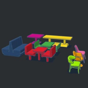 May include: A collection of miniature furniture pieces including a blue double-sided booth, a pink square table, a long yellow rectangular table, a green square table, red booth seating, and four individual chairs in green, orange, and pink colors.