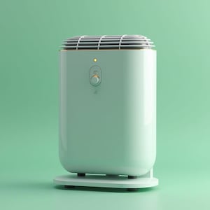 Op de afbeelding: Een lichtgroene elektrische ruimteverwarmer met een zwart rooster en een draaiknop. De verwarmer heeft een witte basis en staat op een groene ondergrond.