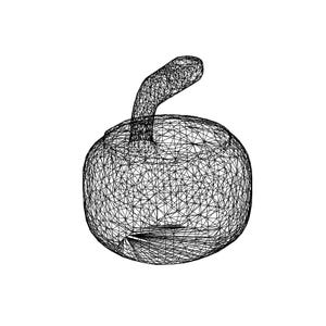 May include: A black and white wireframe digital illustration of a curling stone. The object features a rounded body with a curved handle on top, constructed from a dense network of intersecting lines that create a three-dimensional mesh effect.