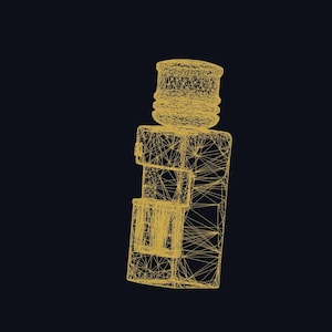 May include: A gold-colored wireframe illustration of a water cooler bottle and dispenser unit. The design is composed of thin, intersecting lines that create a geometric, mesh-like structure against a solid, dark navy blue background.