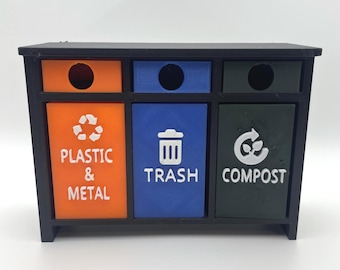 1:12 Scale Triple Trash & Recycling Bin – Miniature Dollhouse Waste Station