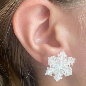 May include: A pair of white snowflake earrings. The earrings are made of a clear material and have a delicate, intricate design.