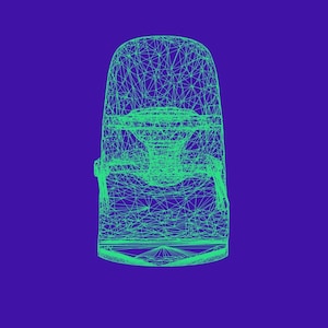 May include: A wireframe digital rendering of a baby bouncer seat in bright neon green against a solid deep purple background. The structure displays a complex mesh of intersecting lines forming the seat, frame, and base of the infant chair.