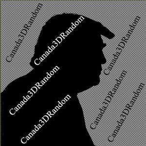 May include: A black silhouette of a person's profile, featuring a distinctive hairstyle. The image has a transparent background with the text "Canada3DRandom" repeated diagonally across the image in white.