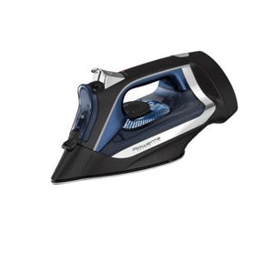 以下が含まれることがあります： シルバーのトリムが付いた、黒と青のアイロン。アイロンは尖った先端と、青色の内装のハンドルが特徴です。「Rowenta」のブランド名がアイロンの側面に印刷されています。