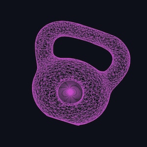 May include: A purple kettlebell rendered in a digital wireframe style, featuring a complex network of intersecting lines that form the shape of the weight. The design includes a circular focal point in the center with radiating lines.