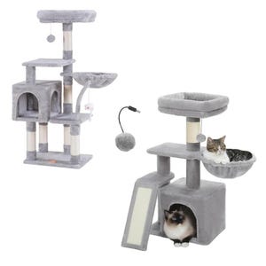 May include: Two grey cat trees with scratching posts, platforms, and a hanging toy. One cat tree has a condo with a cat inside. The other cat tree has a hanging bed with a cat inside.