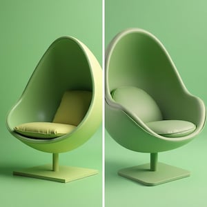 Può includere: Due sedie verdi a forma di uovo con base girevole. La sedia a sinistra ha un cuscino giallo e la sedia a destra ha un cuscino verde.