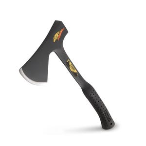May include: A black axe with a black and grey handle. The axe has a black and yellow sticker with the words "Strong" and "Extreme" on it.