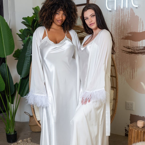 Long Feather Robes, Cotton Robes, Bridesmaid Proposal Robes, Bridal Party Gifts, Mother of the Bride Groom, Boudoir Robe, Feather Pajamas,