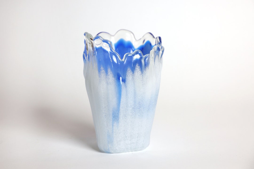 Blue and White Frosted Glass Vase, Glacier Vase, Glass Handkerchief
