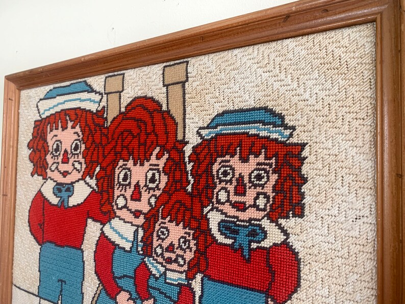 Raggedy Ann and Andy Framed Needlepoint, Nursery Art Raggedy Ann & Andy