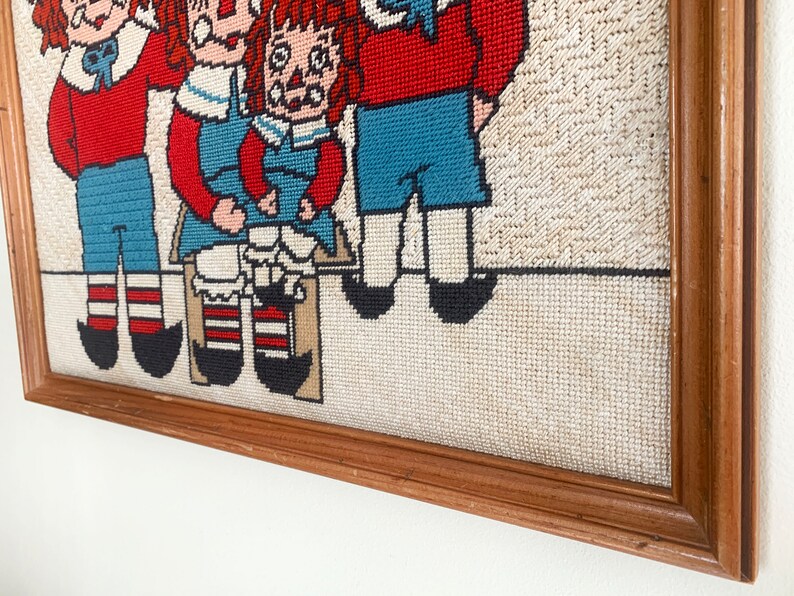 Raggedy Ann and Andy Framed Needlepoint, Nursery Art Raggedy Ann & Andy
