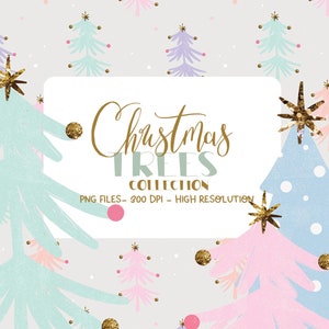 May include: A digital download of a collection of Christmas tree illustrations. The trees are in various pastel colors, including pink, blue, green, and purple. The trees are decorated with gold glitter stars and dots. The text "Christmas Trees Collection" is written in gold script on a white background.