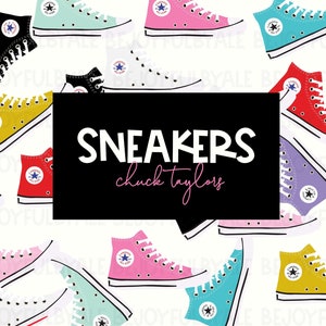 May include: A colorful pattern of high-top sneakers with white laces and a star logo. The text "SNEAKERS chuck taylors" is in the center of the image.