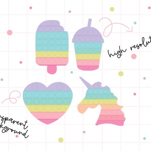 May include: Four colorful pop it toys in the shape of a heart, unicorn, ice cream cone, and a cup. The toys are on a white background with small colorful dots.