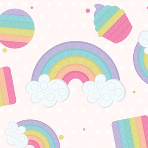 Peut inclure: Un jouet arc-en-ciel pop it coloré avec des nuages, un cupcake et un jouet pop it carré. L'arrière-plan est rose avec des pois blancs.