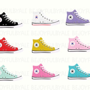 May include: Set of ten high-top sneakers in various colors, including black, white, purple, red, yellow, pink, and blue. Each sneaker has a white star logo on the side.