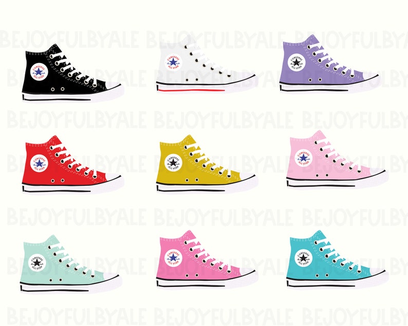 May include: Set of ten high-top sneakers in various colors, including black, white, purple, red, yellow, pink, and blue. Each sneaker has a white star logo on the side.