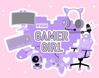 Gamer Girl Clipart | Streamer Girl Clipart | Video Games Clipart | Computer Games | Pink Computer | Mouse Keyboard | PNG High Resolution
