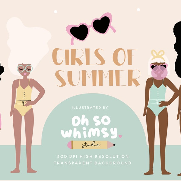 Summer Girls Clipart Set, Girls Fashion,Cute Clipart,Fashion Clipart,Printable art, Cute Illustration, Pastel Clipart PNG