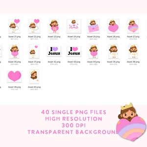 Pu&ograve; includere: Un set di 40 immagini clipart digitali che presentano un'illustrazione di cartone animato di Ges&ugrave; con una corona e che tiene un cuore. Le immagini sono in formato PNG con uno sfondo trasparente.